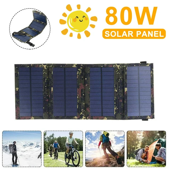 80W USB Solar Panel Folding Power Bank Outdoor Camping Hiking Phone Charger USB