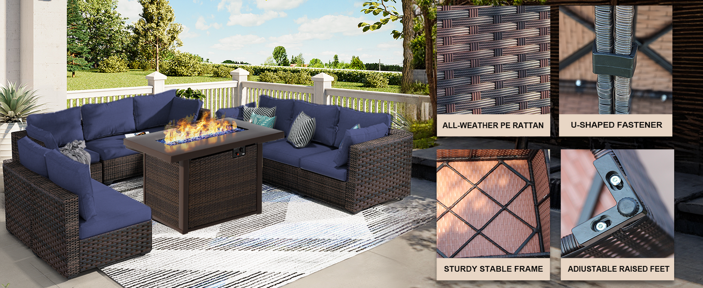 15 Pieces Patio Furniture Sectional Sofa 50000 BTU Propane Gas Fire Pit Table, Outdoor PE Rattan Patio Conversation Set with Glass Coffee Tables and Cushions for Garden, Poolside, Backyard