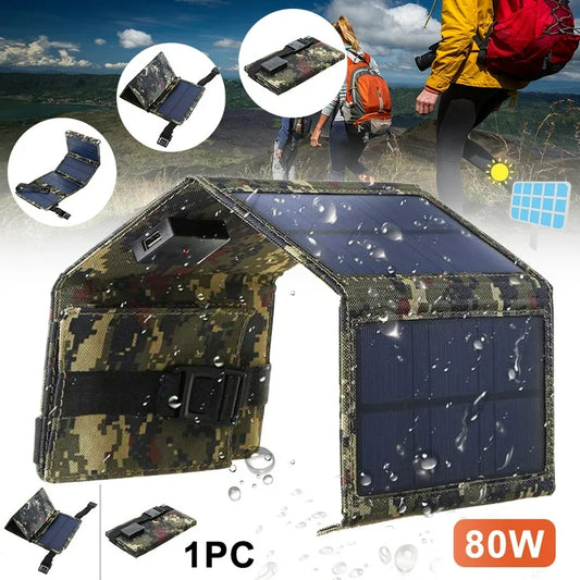 80W USB Solar Panel Folding Power Bank Outdoor Camping Hiking Phone Charger USB