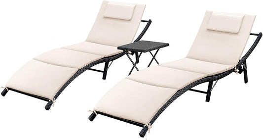 Lounge Chairs for Outside 3 Pieces Patio Adjustable Chaise Lounge Outdoor Wicker Lounge Chairs Set of 2 with Table Folding Chaise Lounger for Poolside, Deck, Lawn