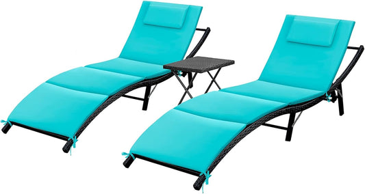 Lounge Chairs for Outside 3 Pieces Patio Adjustable Chaise Lounge Outdoor Wicker Lounge Chairs Set of 2 with Table Folding Chaise Lounger for Poolside, Deck, Lawn