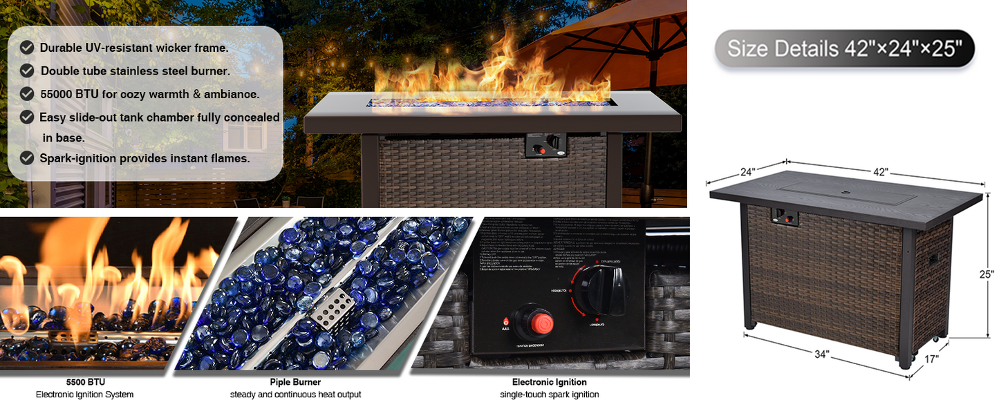 15 Pieces Patio Furniture Sectional Sofa 50000 BTU Propane Gas Fire Pit Table, Outdoor PE Rattan Patio Conversation Set with Glass Coffee Tables and Cushions for Garden, Poolside, Backyard