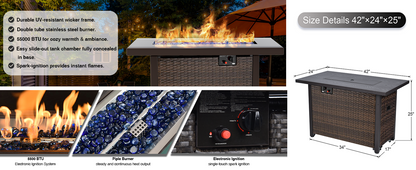 15 Pieces Patio Furniture Sectional Sofa 50000 BTU Propane Gas Fire Pit Table, Outdoor PE Rattan Patio Conversation Set with Glass Coffee Tables and Cushions for Garden, Poolside, Backyard