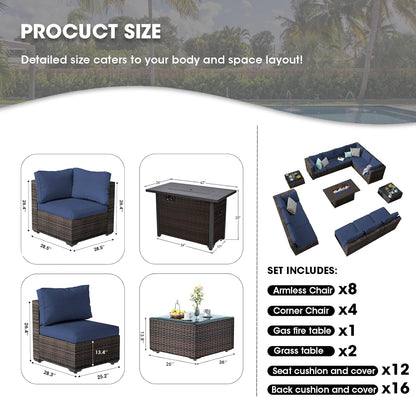15 Pieces Patio Furniture Sectional Sofa 50000 BTU Propane Gas Fire Pit Table, Outdoor PE Rattan Patio Conversation Set with Glass Coffee Tables and Cushions for Garden, Poolside, Backyard