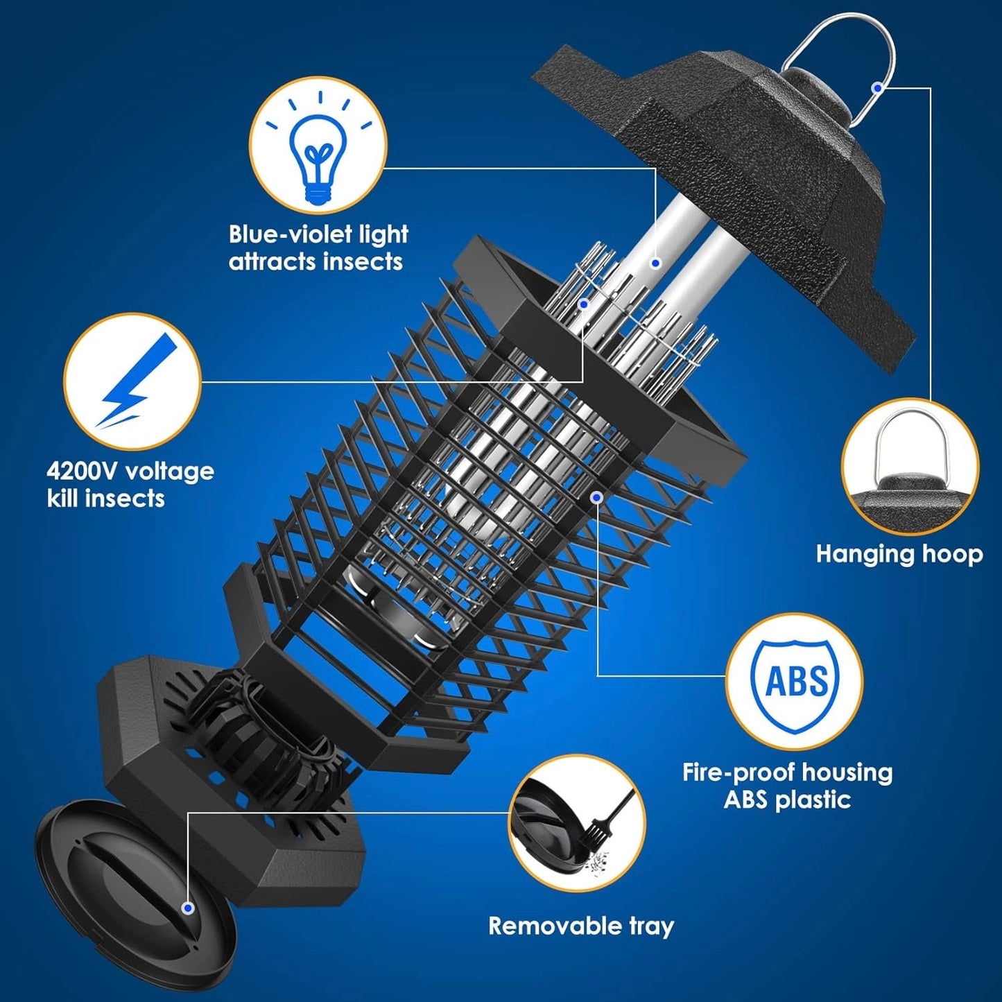 Bug Zapper Outdoor, Mosquito Zapper, Electric Fly Zapper, Mosquito Killer, Fly Traps, 3 Prong Plug, Flying Insects Zapper Indoor Outdoor 90-130V, 4200V, ABS Plastic Outer (Black)