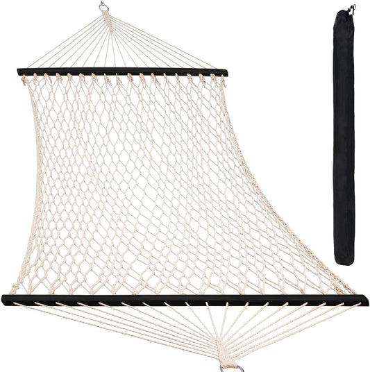 Double Rope Hammocks, Traditional Hand Woven Cotton Hammock with Hardwood Spreader Bar and Carrying Case for Outdoor, Indoor for Two Person, 450lb Weight Capacity