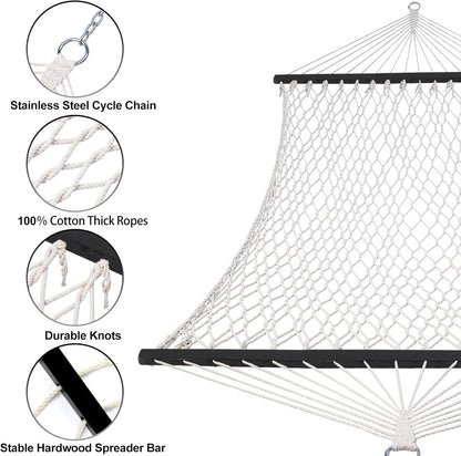 Double Rope Hammocks, Traditional Hand Woven Cotton Hammock with Hardwood Spreader Bar and Carrying Case for Outdoor, Indoor for Two Person, 450lb Weight Capacity