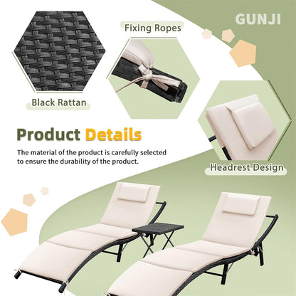 Lounge Chairs for Outside 3 Pieces Patio Adjustable Chaise Lounge Outdoor Wicker Lounge Chairs Set of 2 with Table Folding Chaise Lounger for Poolside, Deck, Lawn