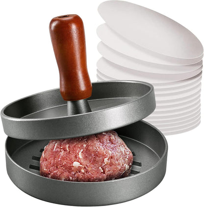 Burger Press Patty Maker Stainless Steel Hamburger Patty Press Mold Wood Handle Non-Stick with 100 Patty Papers