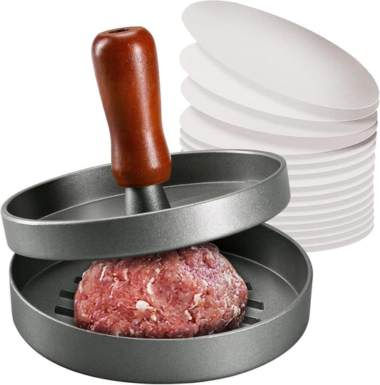 Burger Press Patty Maker Stainless Steel Hamburger Patty Press Mold Wood Handle Non-Stick with 100 Patty Papers