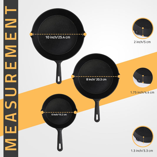 Cast iron Skillets 3 Piece Set, Chefs Pan, Pre Seasoned Cast iron Skillets, 6, 8 & 10 Inches, Easy Use in the Oven, Stove, Grill, or Campfire, Black