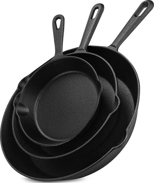Cast iron Skillets 3 Piece Set, Chefs Pan, Pre Seasoned Cast iron Skillets, 6, 8 & 10 Inches, Easy Use in the Oven, Stove, Grill, or Campfire, Black