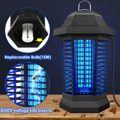 Bug Zapper Outdoor, Mosquito Zapper, Electric Fly Zapper, Mosquito Killer, Fly Traps, 3 Prong Plug, Flying Insects Zapper Indoor Outdoor 90-130V, 4200V, ABS Plastic Outer (Black)