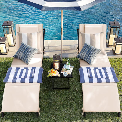 Lounge Chairs for Outside 3 Pieces Patio Adjustable Chaise Lounge Outdoor Wicker Lounge Chairs Set of 2 with Table Folding Chaise Lounger for Poolside, Deck, Lawn