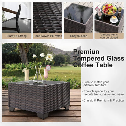 15 Pieces Patio Furniture Sectional Sofa 50000 BTU Propane Gas Fire Pit Table, Outdoor PE Rattan Patio Conversation Set with Glass Coffee Tables and Cushions for Garden, Poolside, Backyard