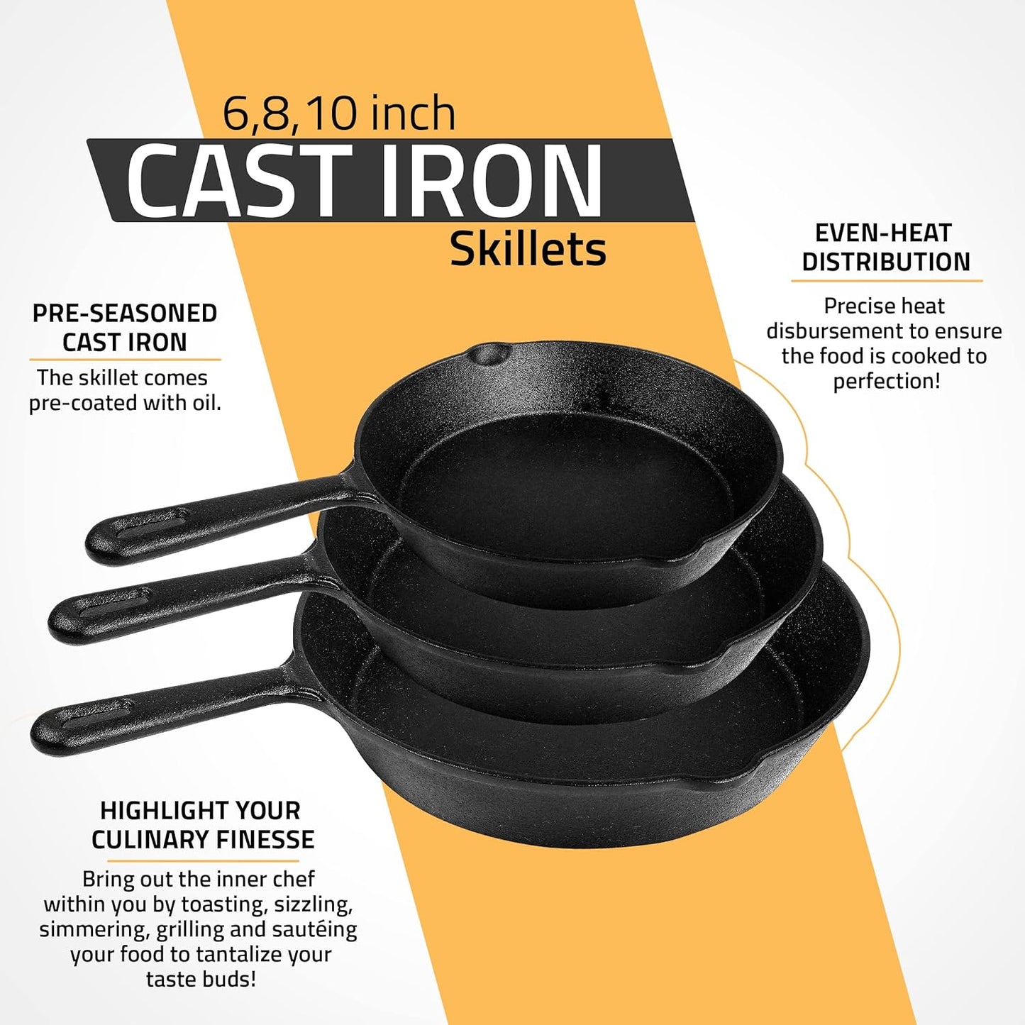 Cast iron Skillets 3 Piece Set, Chefs Pan, Pre Seasoned Cast iron Skillets, 6, 8 & 10 Inches, Easy Use in the Oven, Stove, Grill, or Campfire, Black
