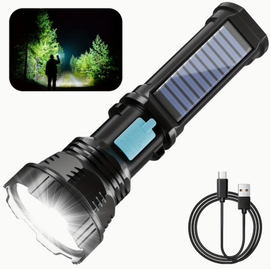 Solar-Powered LED Flashlight – 4-Mode Emergency Light with 2000mAh Rechargeable Battery