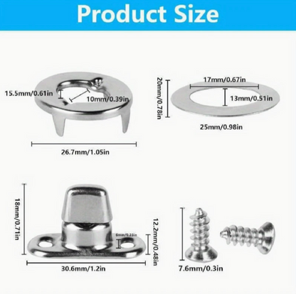 12-Set Canvas Fasteners - Twist Stud with 2 Hole Screw Base