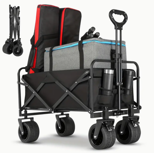 Collapsible Folding Wagon Cart, Large Capacity Outdoor Wagon Garden Cart with All-Terrain Wheels & Side Pockets, Heavy Duty Utility Cart