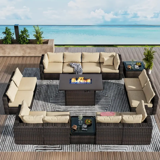 15 Pieces Patio Furniture Sectional Sofa 50000 BTU Propane Gas Fire Pit Table, Outdoor PE Rattan Patio Conversation Set with Glass Coffee Tables and Cushions for Garden, Poolside, Backyard