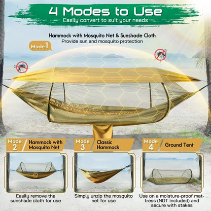 Camping Hammock, 4 in 1 Portable Hammock Tent, 2 Person Pop-up Hammock with Mosquito Net & Sunshade Cloth & Tree Straps, 550lbs Max Load Heavy Duty Tree Hammock for Outdoor Camping