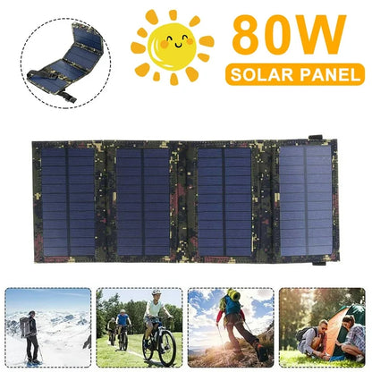 80W USB Solar Panel Folding Power Bank Outdoor Camping Hiking Phone Charger USB